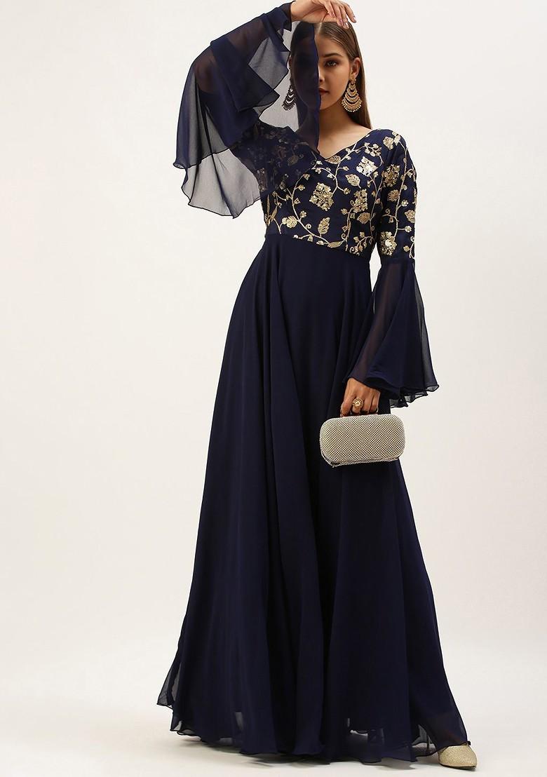 Navy Blue Floral Embroidered Poly Blend Tunic