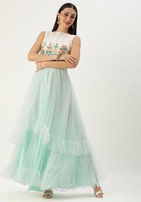 Blue Floral Embroidered Poly Blend Tunic