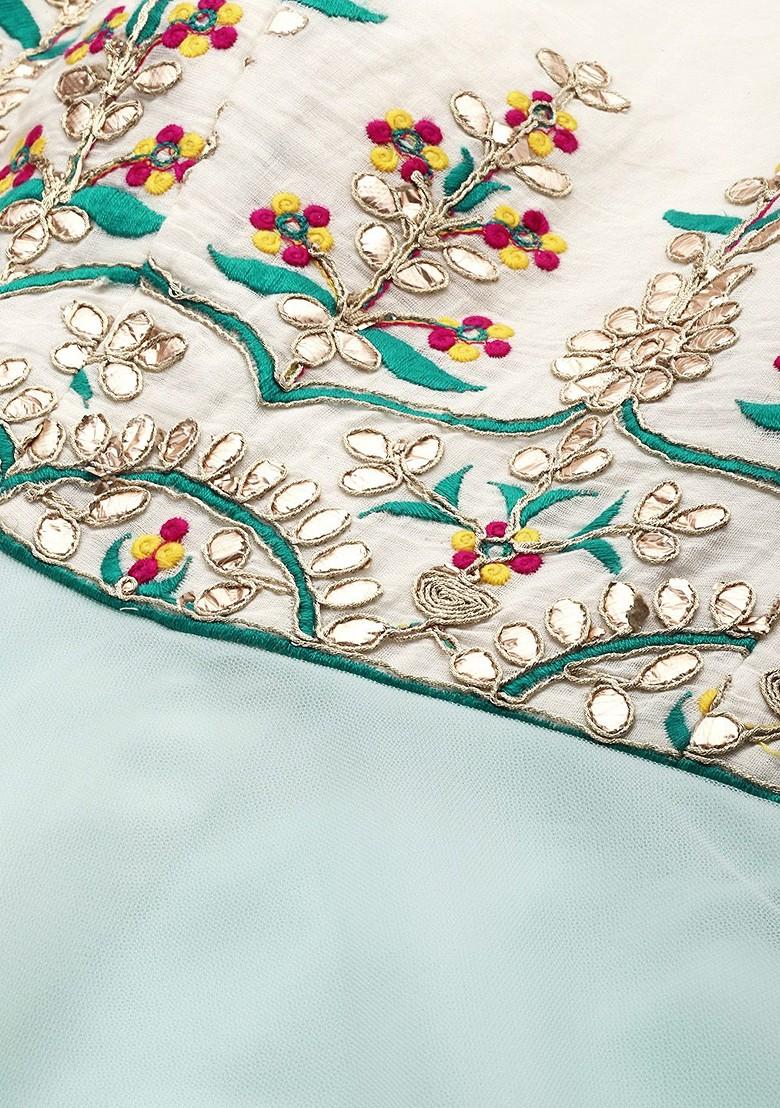 Blue Floral Embroidered Poly Blend Tunic