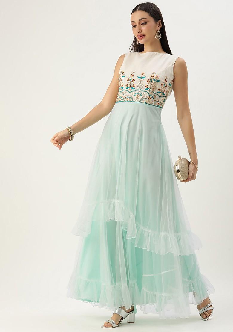 Blue Floral Embroidered Poly Blend Tunic