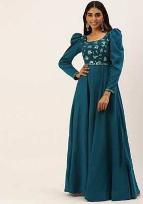 Blue Floral Embroidered Poly Blend Tunic