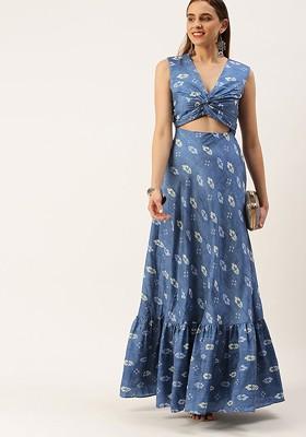 Blue Floral Embroidered Poly Blend Tunic