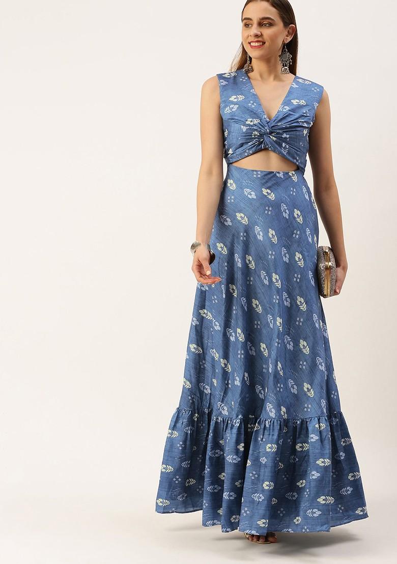 Blue Floral Embroidered Poly Blend Tunic