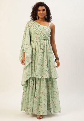 Green Floral Embroidered Poly Blend Tunic