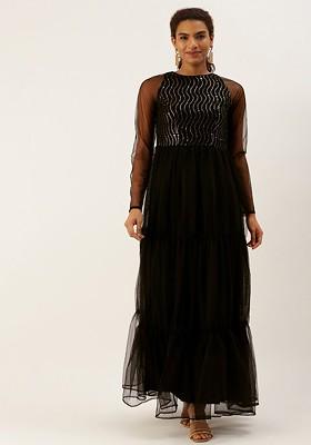 Black Sequin Embroidered Poly Blend Tunic