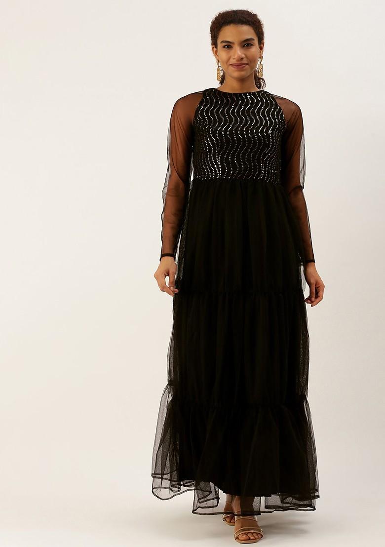 Black Sequin Embroidered Poly Blend Tunic