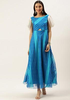 Blue Striped Print Poly Blend Tunic