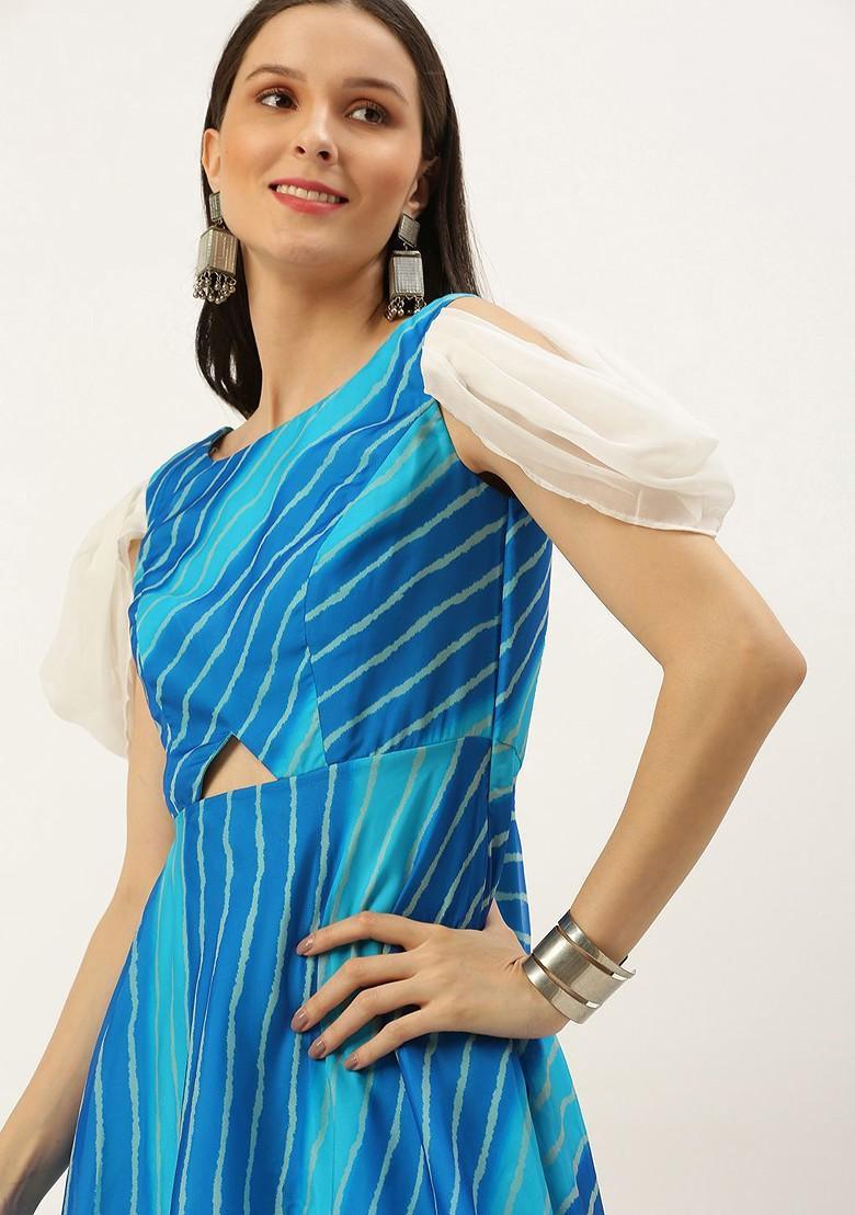 Blue Striped Print Poly Blend Tunic