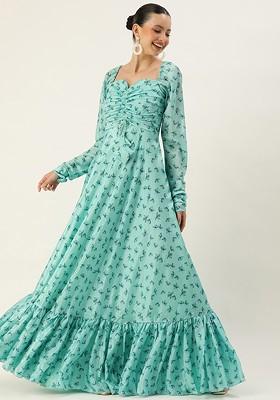 Blue Floral Print Poly Blend Tunic