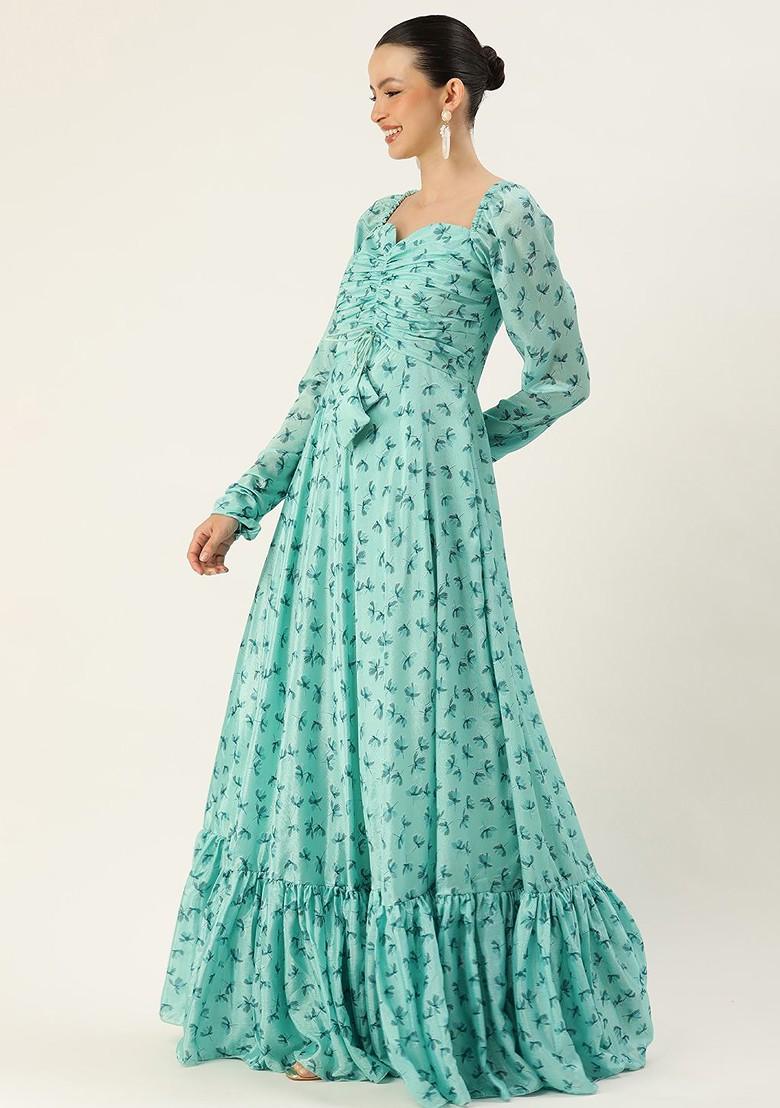 Blue Floral Print Poly Blend Tunic