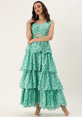 Blue Floral Print Poly Blend Tunic