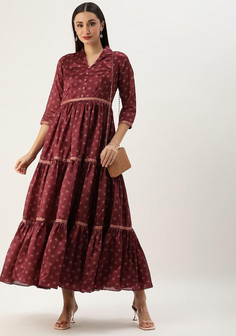 Maroon Floral Print Poly Blend Tunic