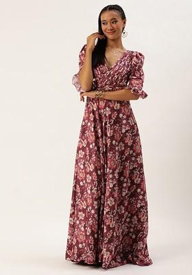 Maroon Floral Print Poly Blend Tunic