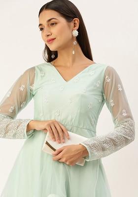 Blue Floral Embroidered Poly Blend Tunic