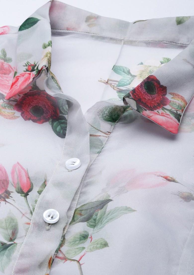 Grey Floral Print Poly Blend Tunic