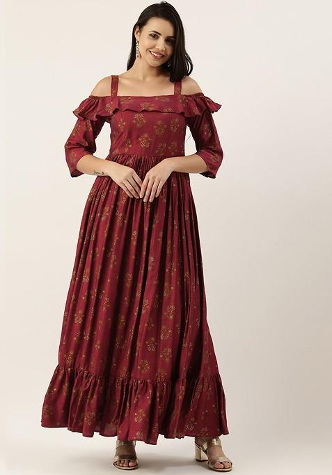 Maroon Ethnic Motifs Printed Poly Blend Tunic