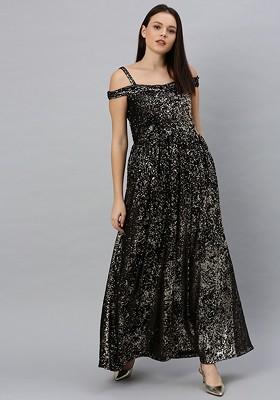 Black Sequin Embroidered Poly Blend Tunic