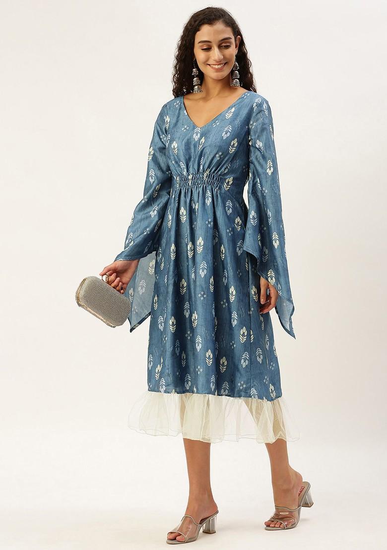 Blue Ethnic Motifs Printed Poly Blend Tunic