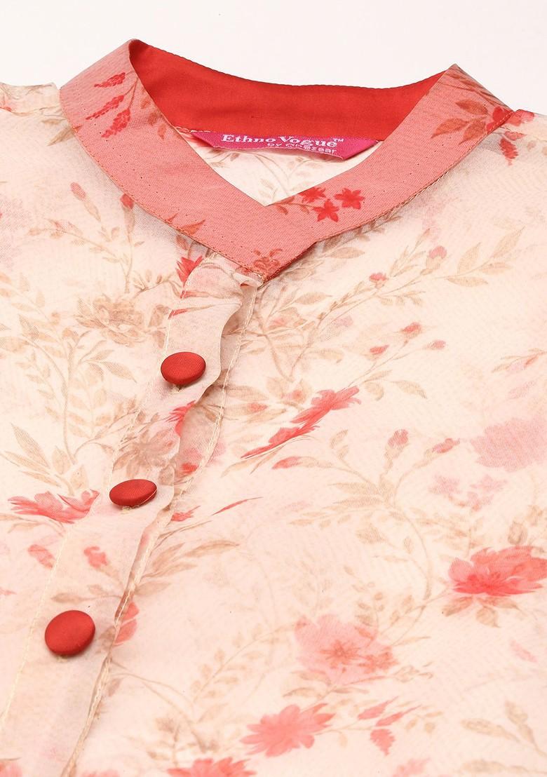 Red Floral Print Poly Blend Tunic