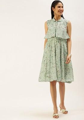 Green Floral Print Poly Blend Tunic