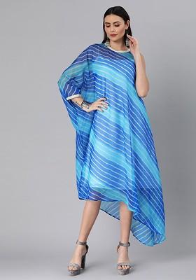 Blue Striped Print Poly Blend Tunic