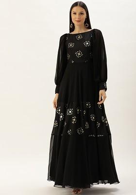 Black Sequin Embroidered Poly Blend Tunic