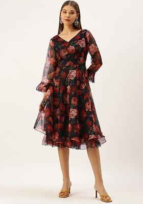 Black Floral Print Poly Blend Tunic