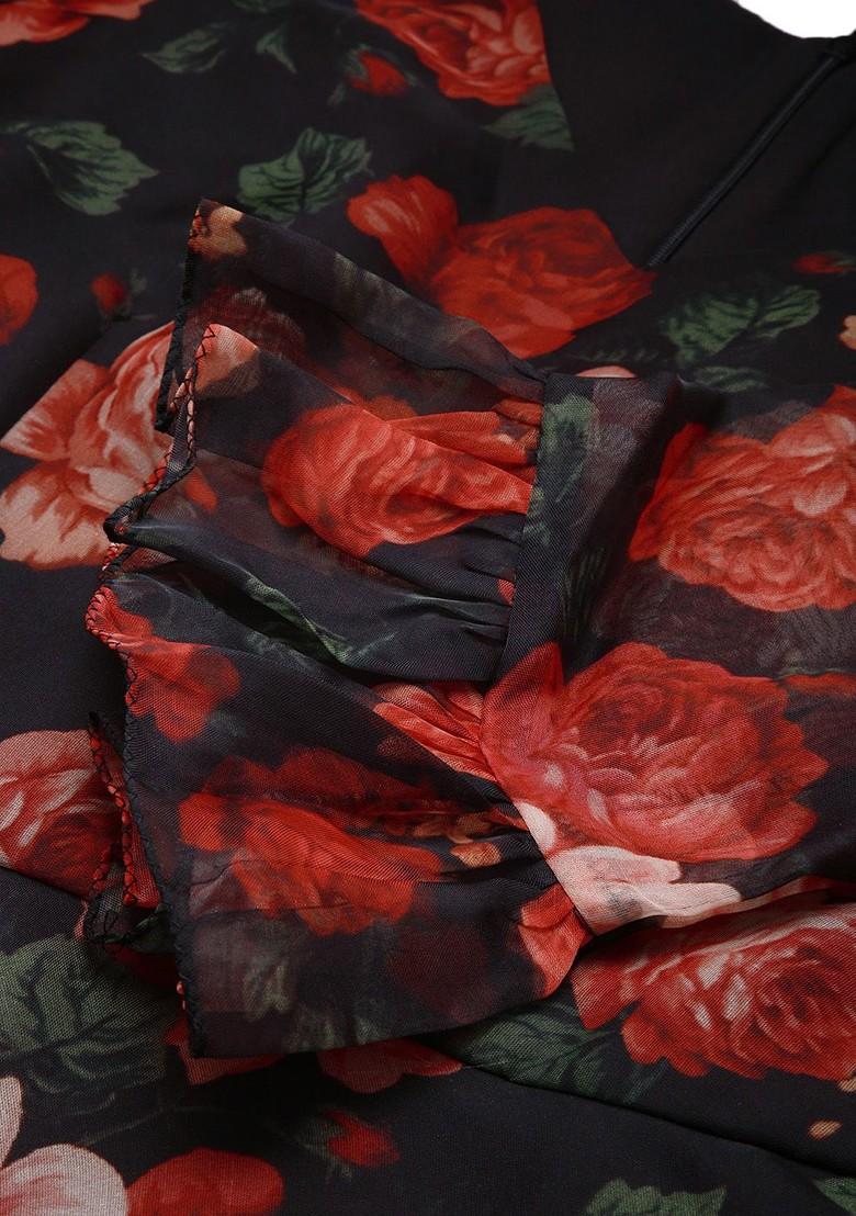 Black Floral Print Poly Blend Tunic