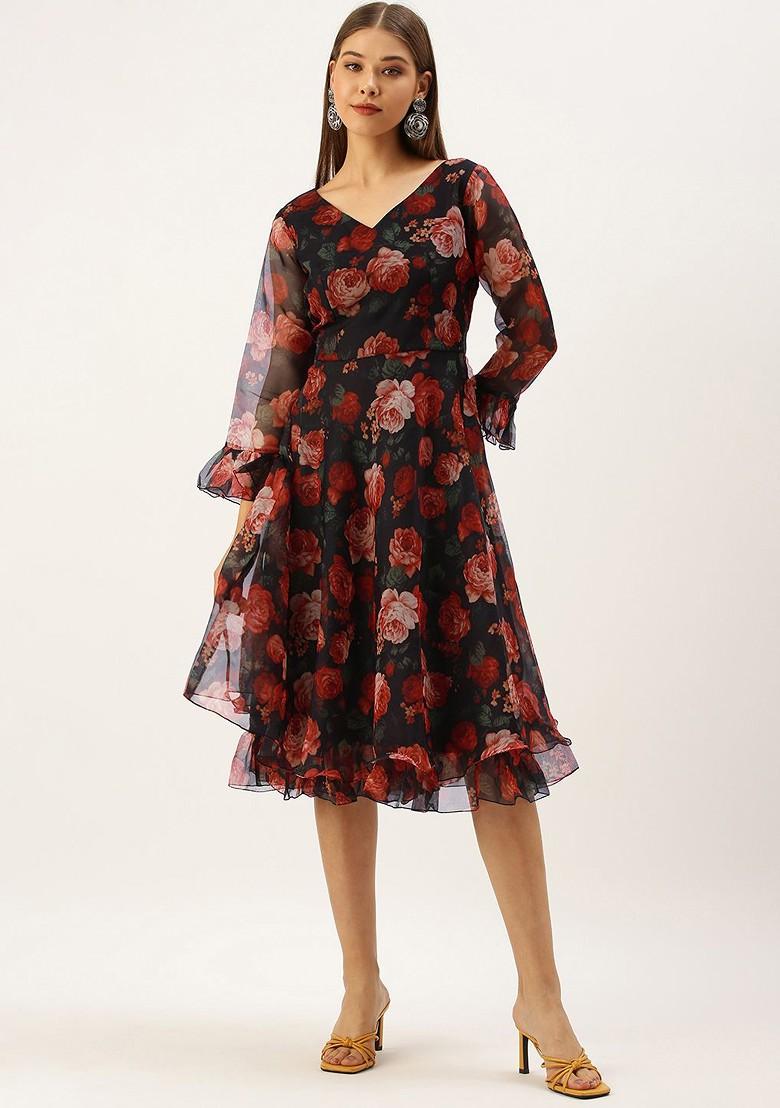 Black Floral Print Poly Blend Tunic