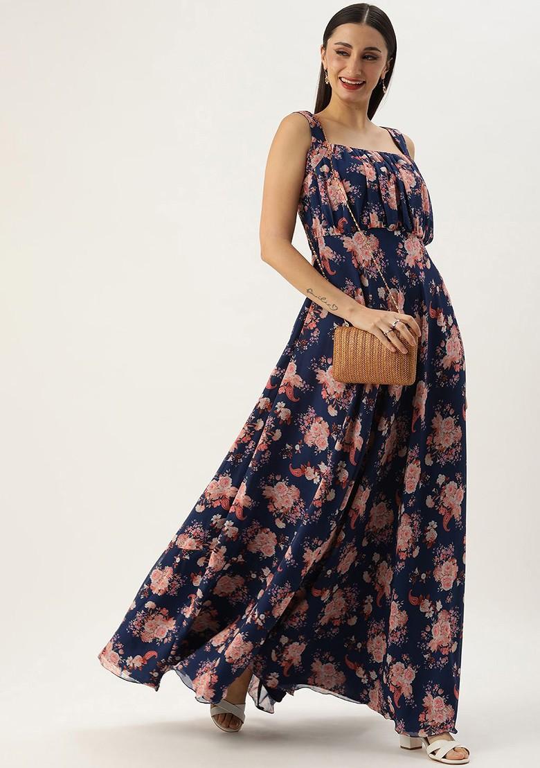 Blue Floral Print Poly Blend Tunic