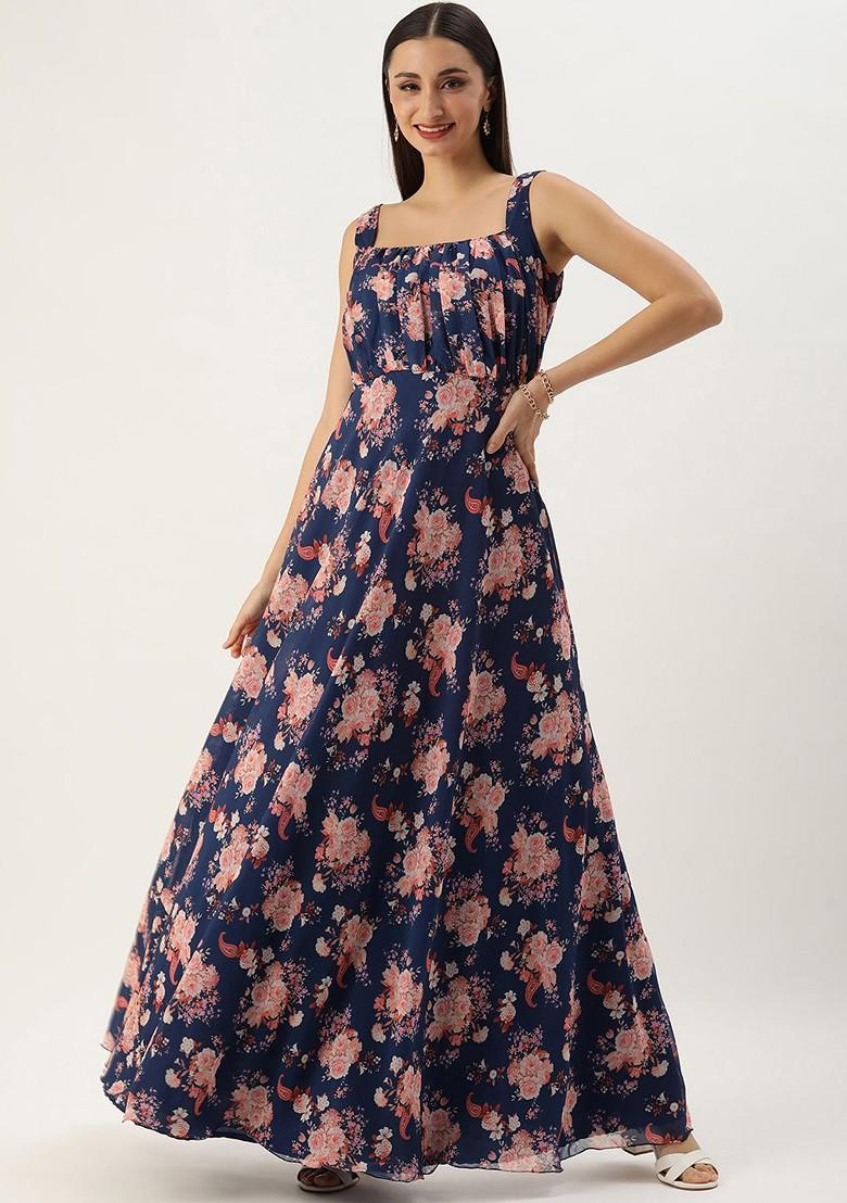 Blue Floral Print Poly Blend Tunic