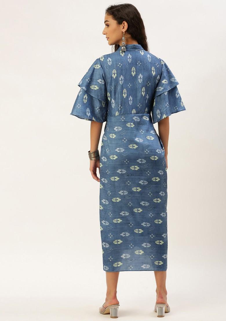 Blue Floral Print Poly Blend Tunic