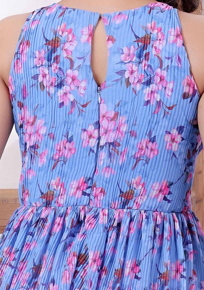 Blue Floral Print Poly Blend Tunic