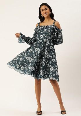 Blue Floral Print Poly Blend Tunic