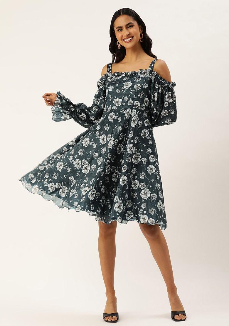 Blue Floral Print Poly Blend Tunic