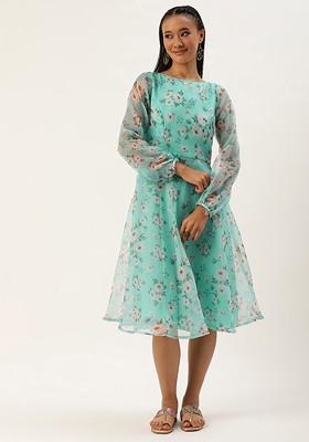 Turquoise Blue Floral Print Poly Blend Tunic