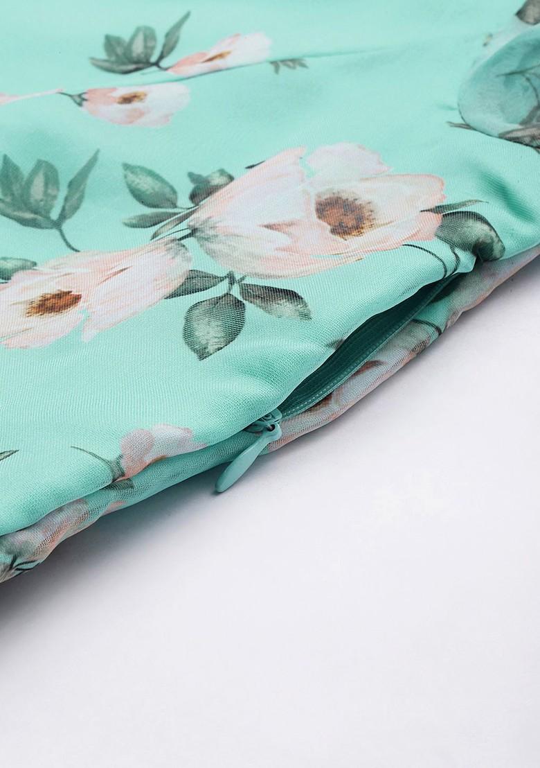 Turquoise Blue Floral Print Poly Blend Tunic