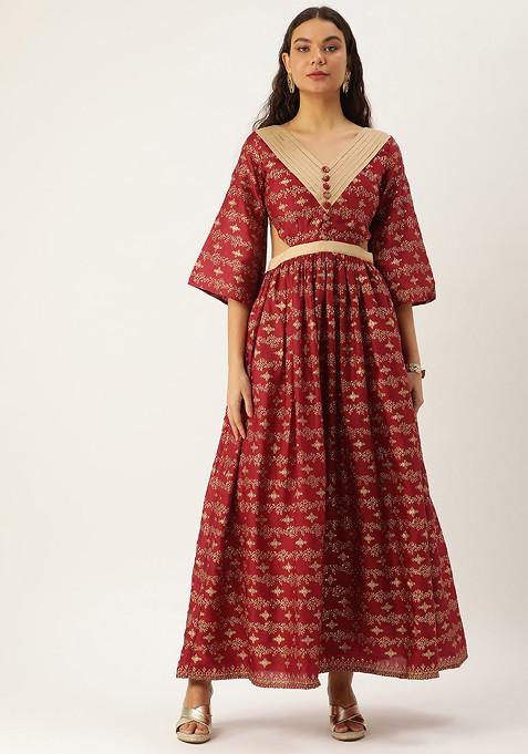 Maroon Foil Print Poly Blend Tunic