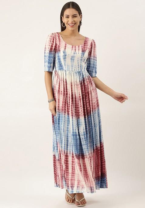 Blue Tie And Dye Print Poly Blend Tunic
