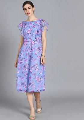 Blue Floral Print Poly Blend Tunic