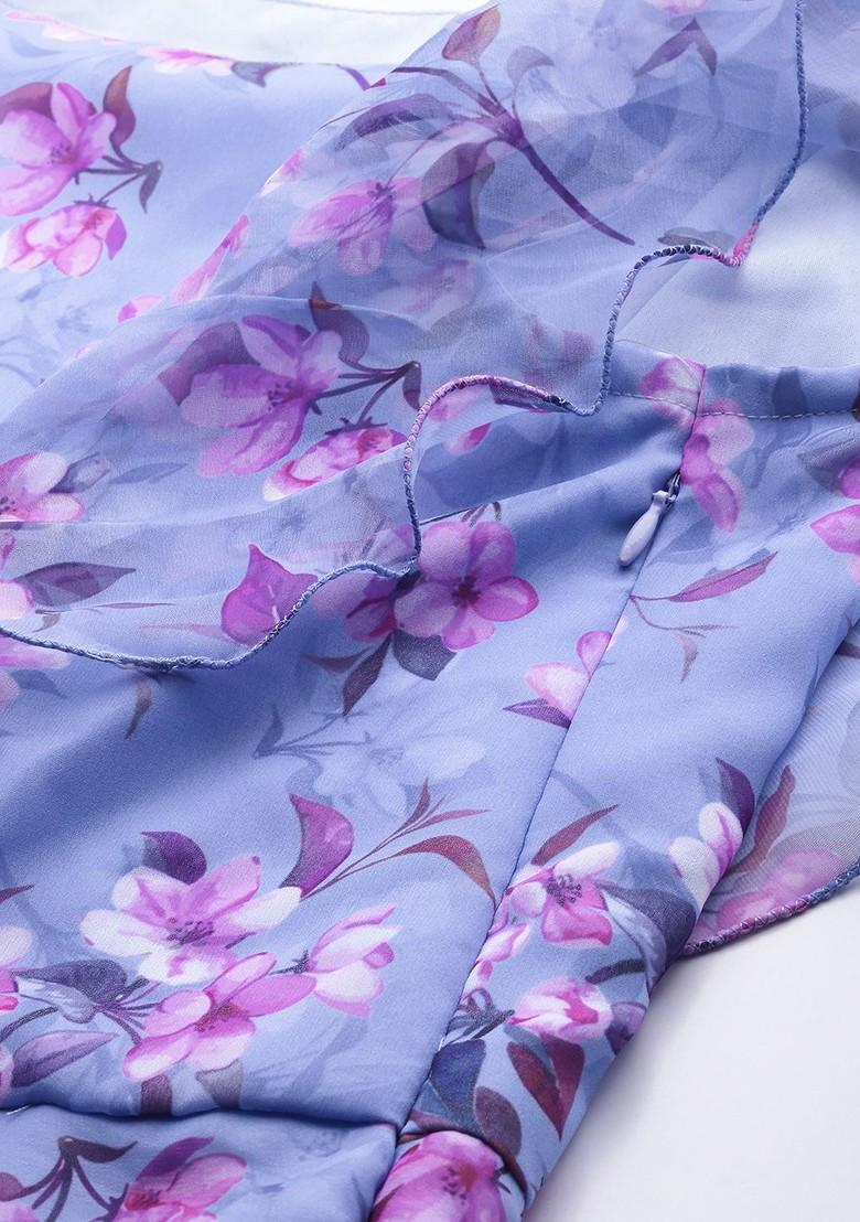 Blue Floral Print Poly Blend Tunic