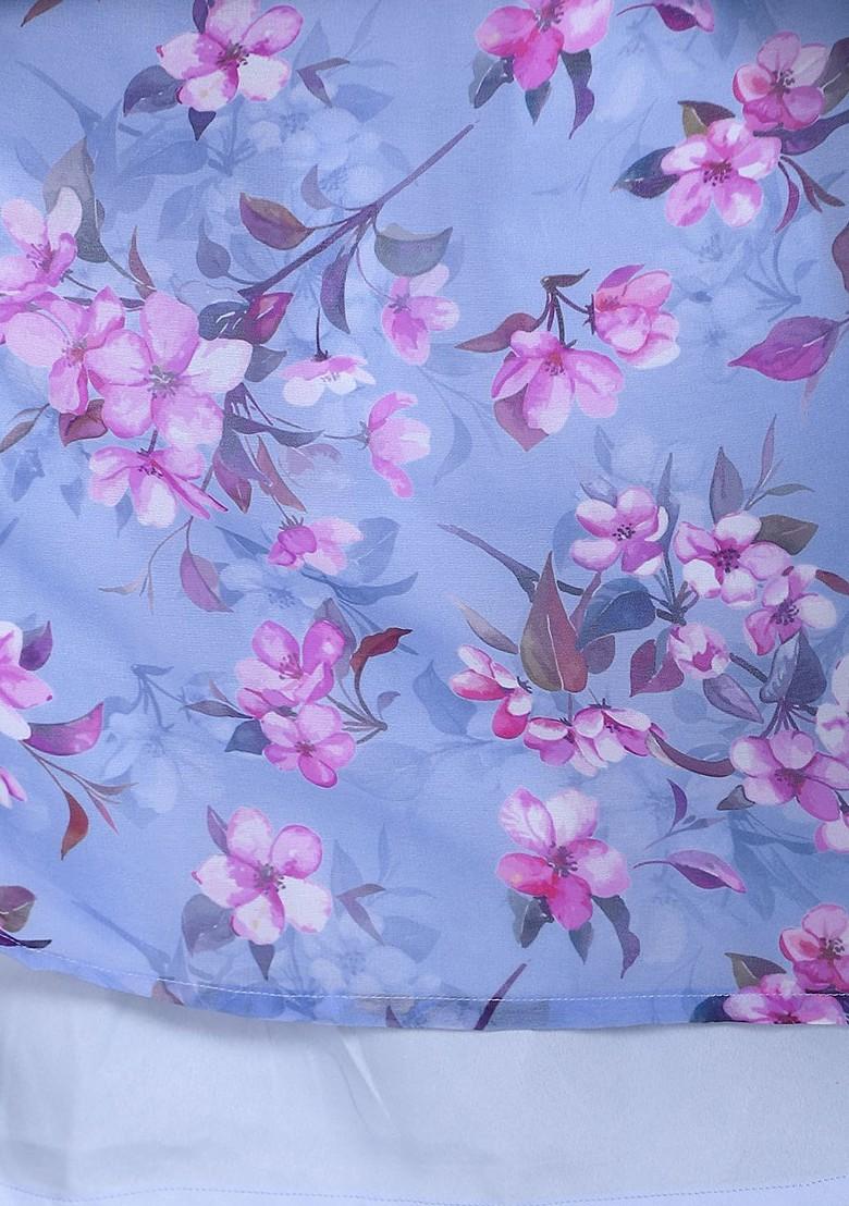 Blue Floral Print Poly Blend Tunic