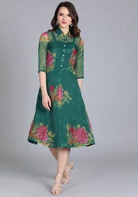 Green Floral Print Poly Blend Tunic