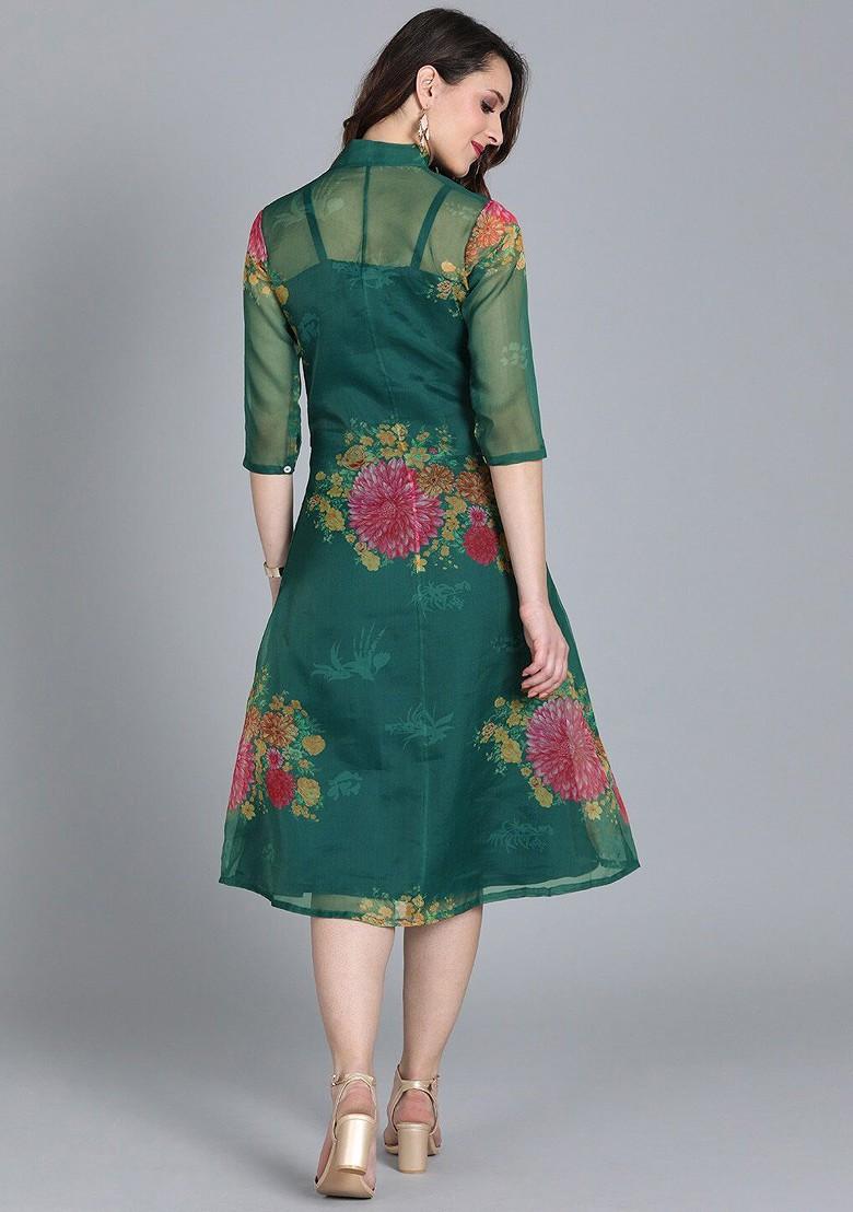 Green Floral Print Poly Blend Tunic