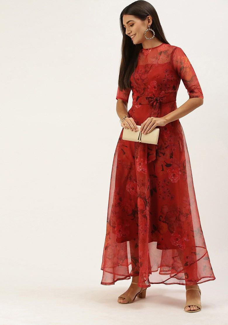 Red Floral Print Poly Blend Tunic