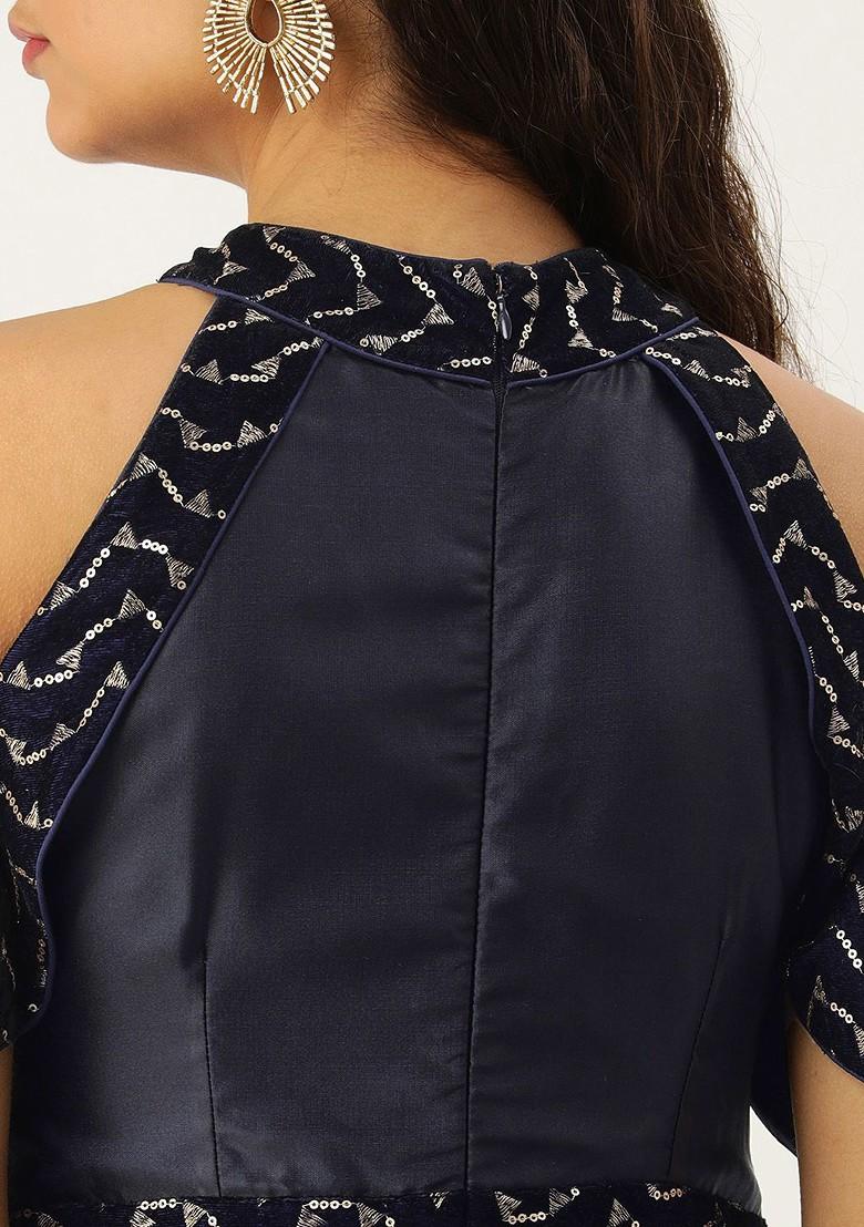 Blue Sequin Embroidered Poly Blend Tunic