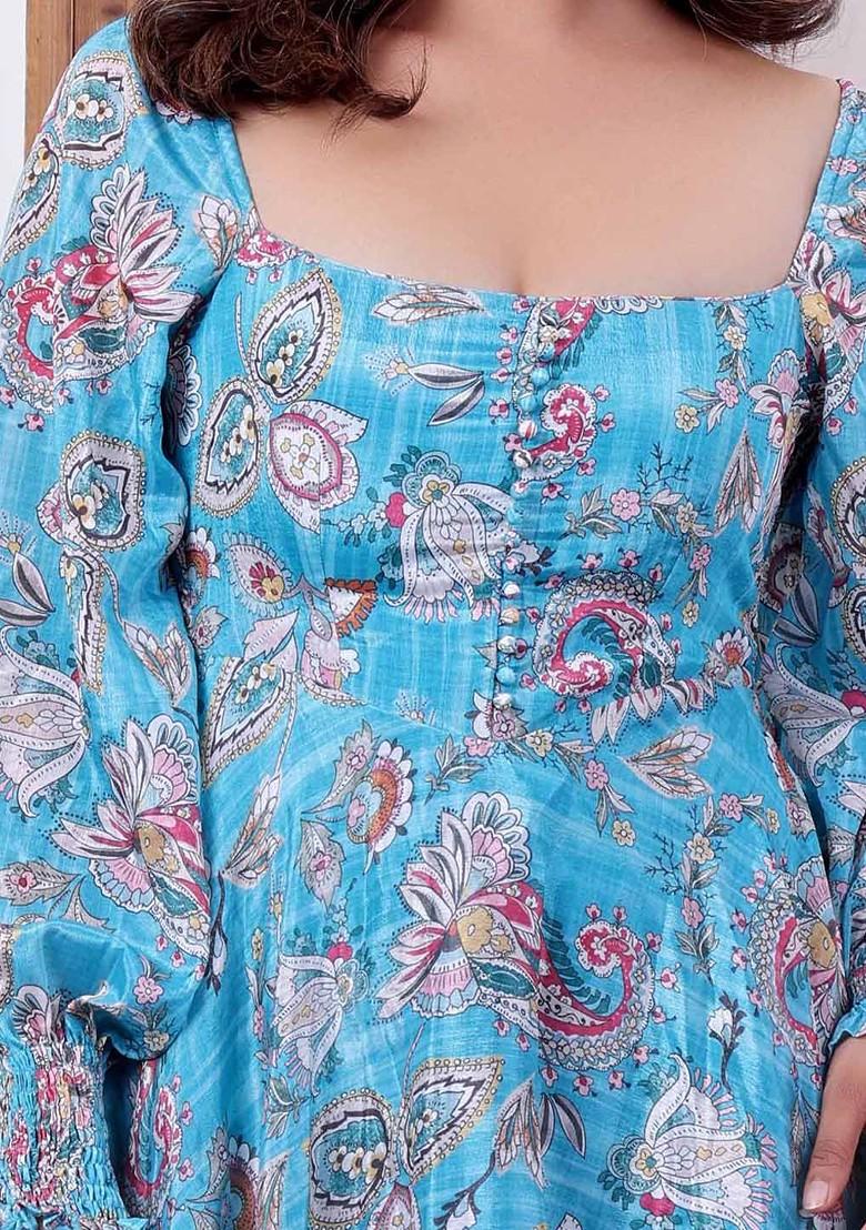 Blue Floral Print Poly Blend Tunic