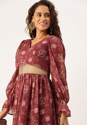 Red Floral Print Poly Blend Tunic