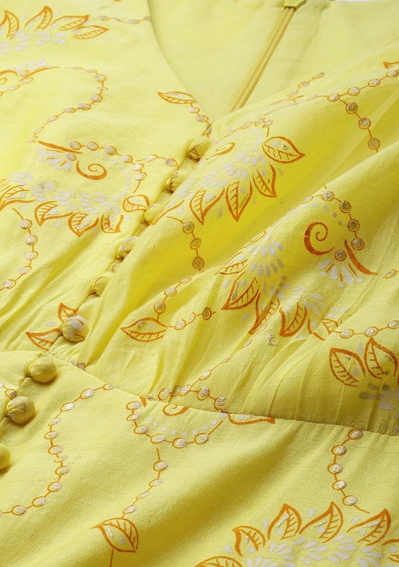 Yellow Floral Embroidered Poly Blend Tunic