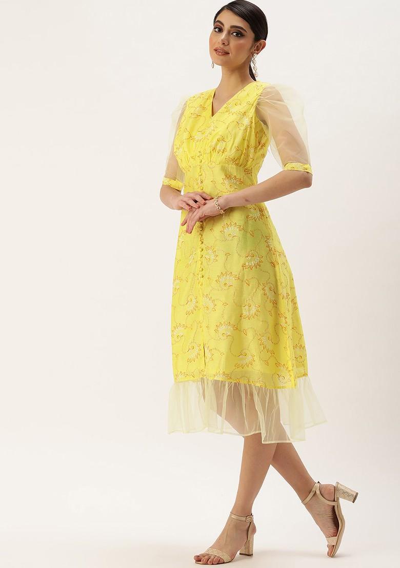 Yellow Floral Embroidered Poly Blend Tunic